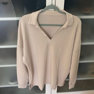 Belle by Kim Gravel Scubaluxe Polo V-Neck Pullover Top Sandbar - L